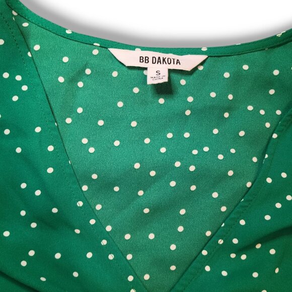 BB DAKOTA - Bright Green & White Polka Flared Sleeve Wrap Blouse Size Small - Picture 2 of 9